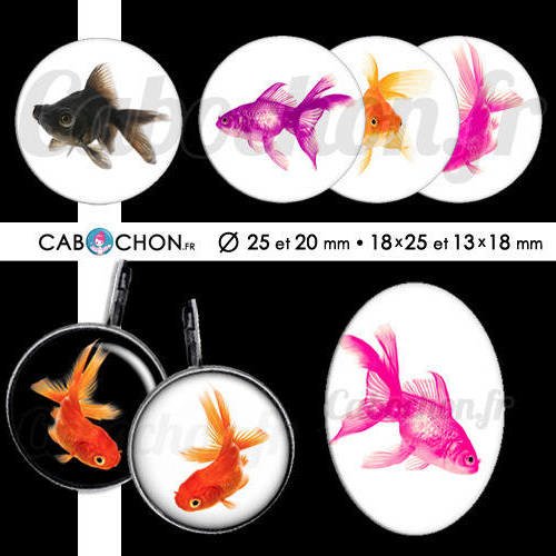 Mon petit poisson ☆ 60 images digitales rondes 25 et 20 mm ovales 18x25 et 13x18 mm rouge goldfish combatant aquarium page cabochon 