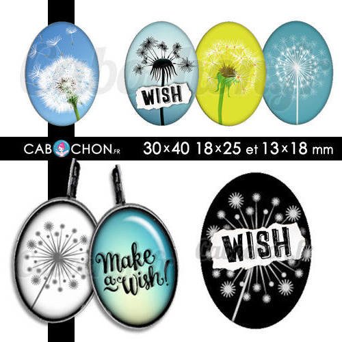 Make a wish ☆ 45 images digitales ovales 30x40 18x25 et 13x18 mm dandelion taraxacum voeux pissenlit fleur page cabochon 