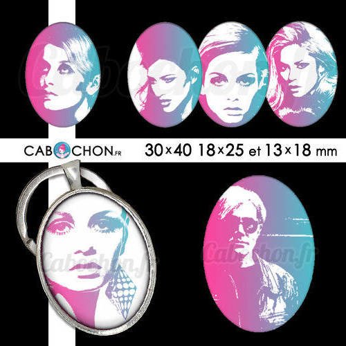 Twiggy and co ll ☆ 45 images digitales ovales 30x40 18x25 et 13x18 mm femme retro 60 70 warhol page d'images cabochons cabochon 