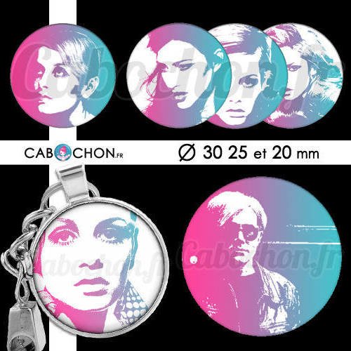 Twiggy and co ll ☆ 45 images digitales rondes 30 25 et 20 mm femme retro 60 70 warhol page d'images cabochons cabochon 