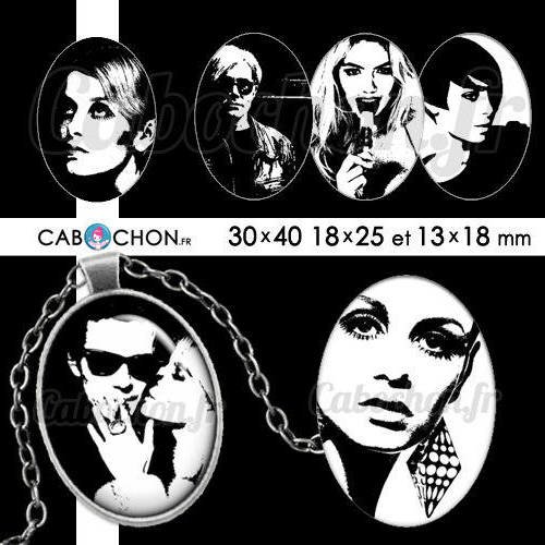 Twiggy and co ☆ 45 images digitales ovales 30x40 18x25 et 13x18 mm femme retro 60 70 warhol page d'images cabochons cabochon 