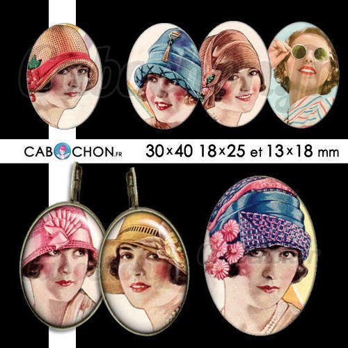Belles de jour ☆ 45 images digitales ovales 30x40 18x25 et 13x18 mm belle femme vintage chapeau retro pin up pinup 