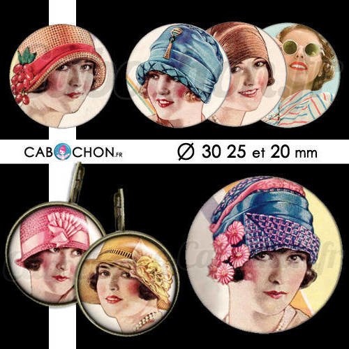 Belles de jour ☆ 45 images digitales rondes 30 25 et 20 mm belle femme vintage chapeau retro pin up pinup cabochon bijoux miroirs 