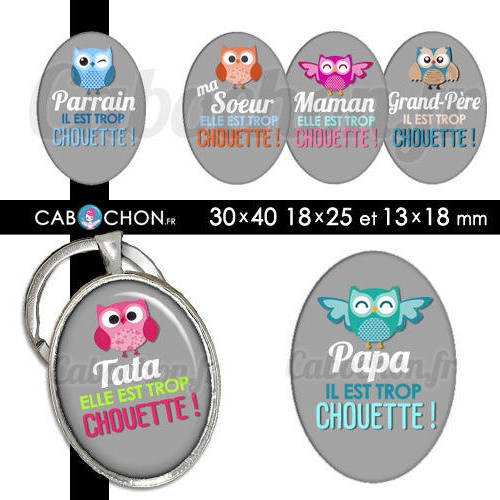Chouette famille lv ☆ 45 images digitales ovales 30x40 18x25 et 13x18 mm hibou maman papa mamie tata cabochon cabochons 