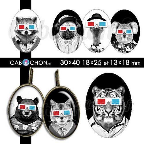 Lunettes 3d ☆ 45 images digitales ovales 30x40 18x25 et 13x18 mm chat panda loup tigre cabochon bijoux cabochons badges 