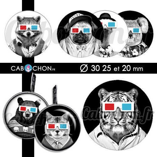 Lunettes 3d ☆ 45 images digitales rondes 30 25 et 20 mm chat panda loup tigre cabochon bijoux cabochons badges 