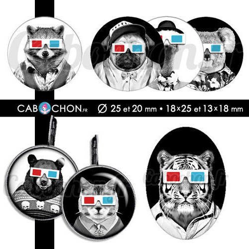 Lunettes 3d ☆ 60 images digitales rondes 25 et 20 mm et ovales 18x25 et 13x18 mm chat panda loup tigre cabochon bijoux cabochons badges 