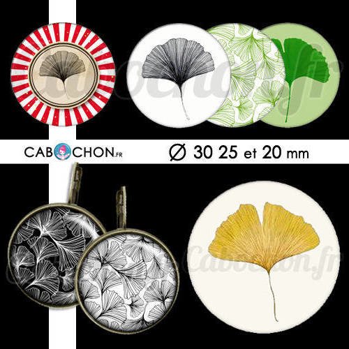 Ginkgo ☆ 45 images digitales rondes 30 25 et 20 mm japan japon gingko feuille biloba page cabochon cabochons bijoux miroirs 
