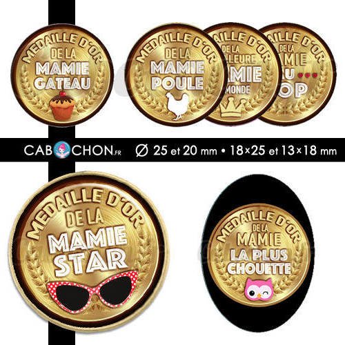 Médaille d'or mamie ☆ 60 images digitales rondes 25 et 20 mm ovales 18x25 et 13x18 mm mamy mami page cabochon bijoux chouette 