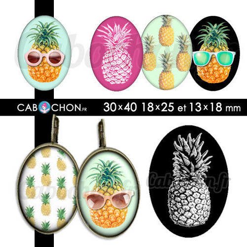 Ananafolie ☆ 45 images digitales ovales 30x40 18x25 et 13x18 mm ananas pina pineapple page cabochon cabochons bijoux lunette 