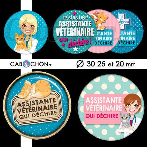 Assistante vétérinaire qui déchire ☆ 45 images digitales rondes 30 25 et 20 mm  veto chat chien page cabochon cabochons bijoux badges 