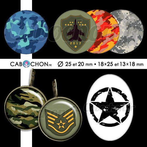 Army ☆ 60 images digitales rondes 25 et 20 mm ovales 18x25 et 13x18 mm us force camouflage militaire page cabochon cabochons bijoux 