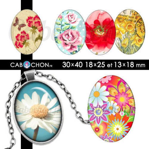 C'est le printemps ☆ 45 images digitales numériques ovales 30x40 18x25 et 13x18 mm fleur liberty papillon motif page cabochon 