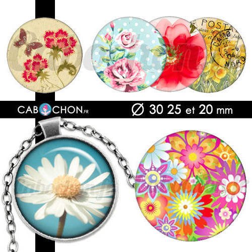 C'est le printemps ☆ 45 images digitales rondes 30 25 et 20 mm fleur liberty papillon motif page cabochon cabochons bijoux badges miroirs 