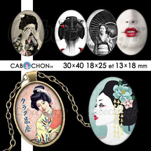 Geishas ☆ 45 images digitales numériques ovales 30x40 18x25 et 13x18 mm geisha japon kimono kokeshi poupée doll page 