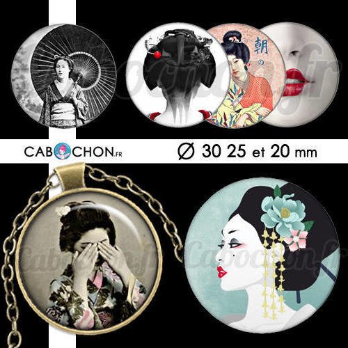 Geishas ☆ 45 images digitales rondes 30 25 et 20 mm geisha japon kimono kokeshi poupée doll page cabochon bijoux badges 
