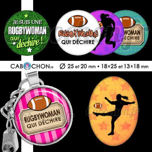 Rugbywoman qui déchire ! ☆ 60 images digitales numériques rondes 25 et 20 mm ovales 18x25 et 13x18 mm rugbyman rugby ballon page cabochon 