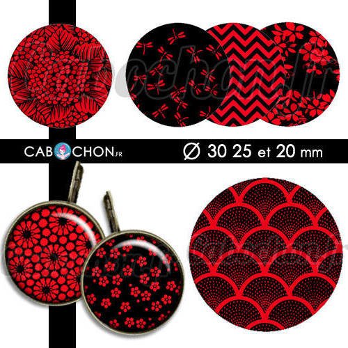 Japan red & black ☆ 45 images digitales rondes 30 25 et 20 mm japon noir washi rouge papier japonais cabochon bijoux cabochons 