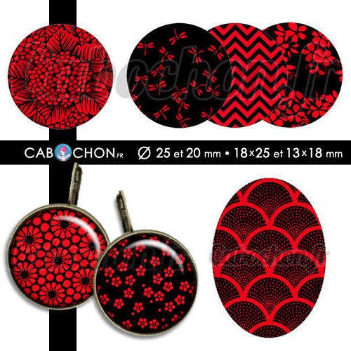 Japan red & black ☆ 60 images digitales rondes 25 et 20 mm ovales 18x25 et 13x18 mm japon noir washi rouge papier japonais 