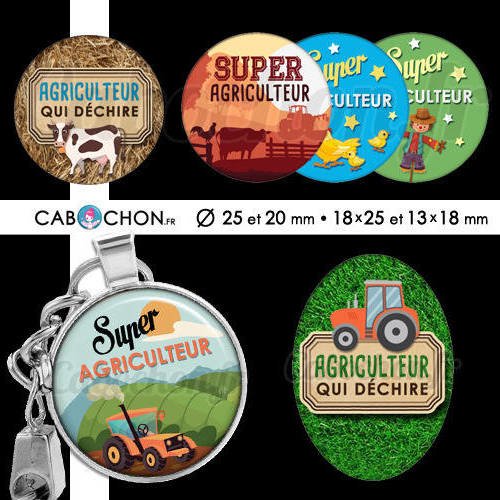Agriculteur qui déchire ! ☆ 60 images digitales numériques rondes 25 et 20 mm ovales 18x25 et 13x18 mm ferme fermier tracteur vache poule 