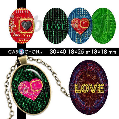 Virtual love ☆ 45 images digitales numériques ovales 30x40 18x25 et 13x18 mm coeur valentin love amour matrix circuit 