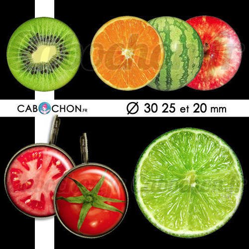 Les fruits ☆ 45 images digitales rondes 30 25 et 20 mm fruit kiwi citron orange tomate fraise page cabochon 