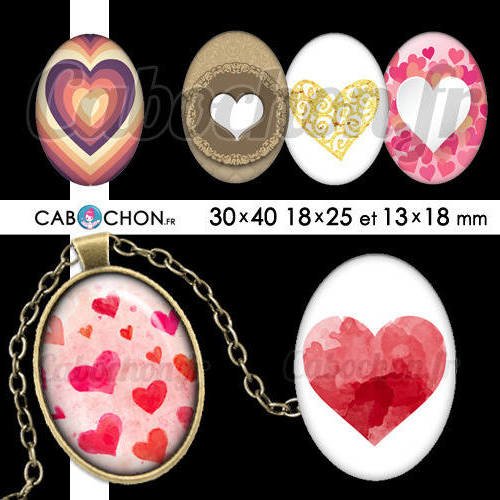 Les coeurs ll ☆ 45 images digitales numériques ovales 30x40 18x25 et 13x18 mm coeur valentin amour love page cabochon 