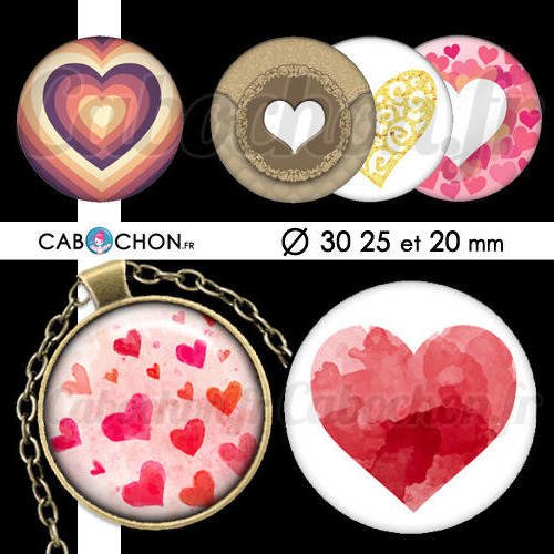 Les coeurs ll ☆ 45 images digitales rondes 30 25 et 20 mm coeur valentin amour love page cabochon bijoux 