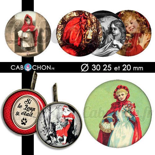 Le petit chaperon rouge ☆ 45 images digitales rondes 30 25 et 20 mm loup conte histoire fillette page cabochon bijoux miroirs 
