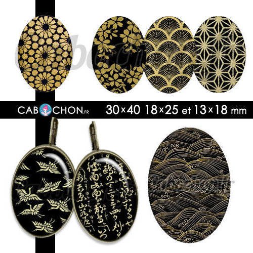 Japan gold ☆ 45 images digitales numériques ovales 30x40 18x25 et 13x18 mm japon or doré noir washi page cabochons 