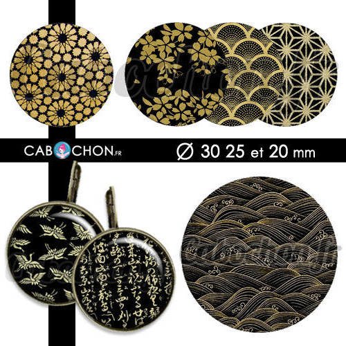 Japan gold ☆ 45 images digitales rondes 30 25 et 20 mm japon or doré noir washi page cabochons bijoux 