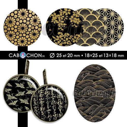 Japan gold ☆ 60 images digitales rondes 25 et 20 mm et ovales 18x25 et 13x18 mm japon or doré noir washi page cabochons bijoux 