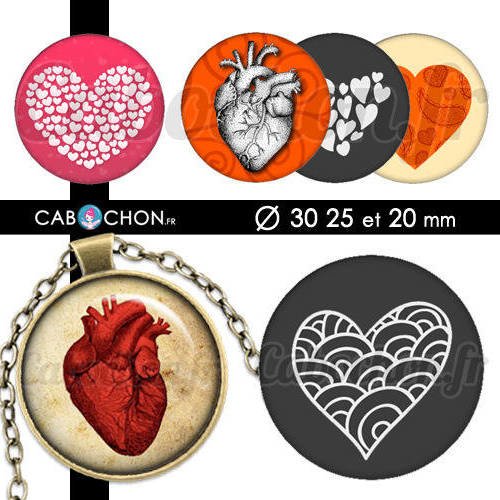 My sweet heart ☆ 45 images digitales rondes 30 25 et 20 mm coeur valentin love amour page cabochons anatomique 