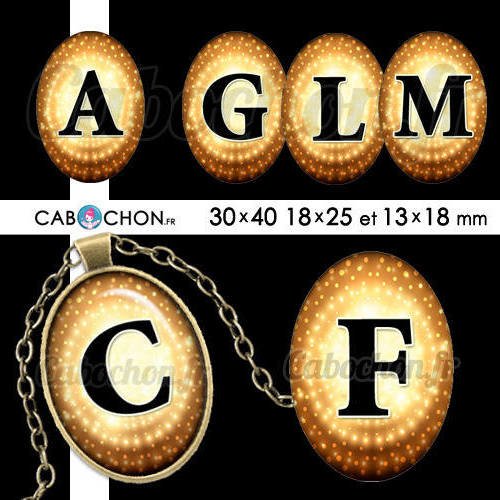 Alphabet gold ☆ 45 images digitales numériques ovales 30x40 18x25 et 13x18 mm or doré lettre page d'images pour cabochons 
