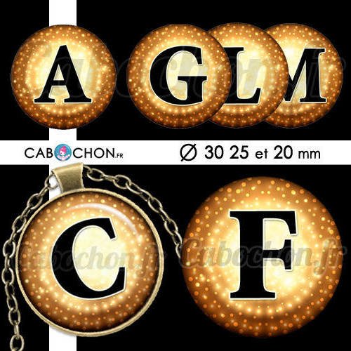 Alphabet gold ☆ 45 images digitales rondes 30 25 et 20 mm or doré lettre page d'images pour cabochons bijoux 