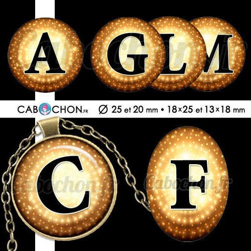 Alphabet gold ☆ 60 images digitales rondes 25 et 20 mm et ovales 18x25 et 13x18 mm or doré lettre page d'images pour cabochons bijoux 