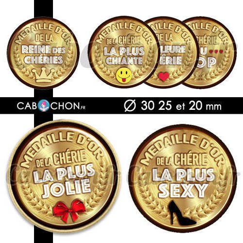 Médaille d'or chérie ☆ 45 images digitales rondes 30 25 et 20 mm femme valentin page d'images cabochon 