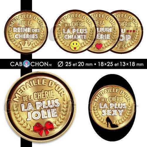 Médaille d'or chérie ☆ 60 images digitales rondes 25 et 20 mm et ovales 18x25 et 13x18 mm femme valentin page d'images cabochon 