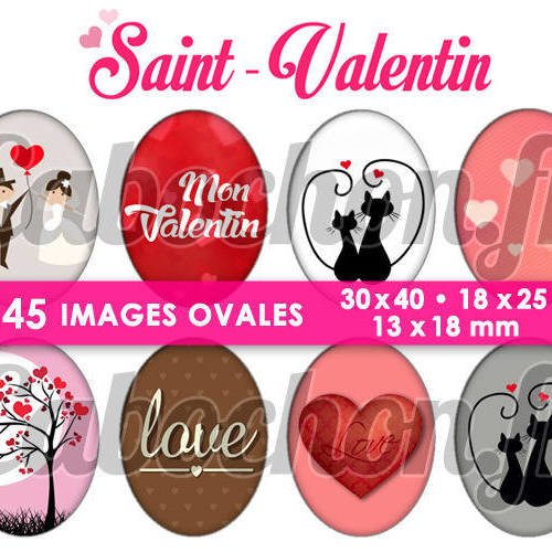 Saint valentin ll ☆ 45 images digitales numériques ovales 30x40 18x25 et 13x18 mm page d'images cabochons bijoux badges miroirs 