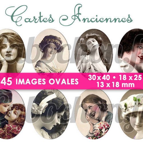 Cartes anciennes ☆ 45 images digitales numériques ovales 30x40 18x25 et 13x18 mm femme retro vintage postale bijoux cabochons 
