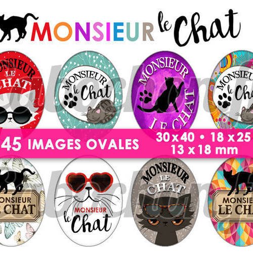 Monsieur le chat ☆ 45 images digitales numériques ovales 30x40 18x25 et 13x18 mm chaton minou chats page d'images pour 