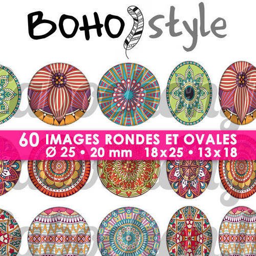 Boho style ll ☆ 60 images digitales numériques rondes 25 et 20 mm et ovales 18x25 et 13x18 mm mandala tribal ethnique page d'images pour 
