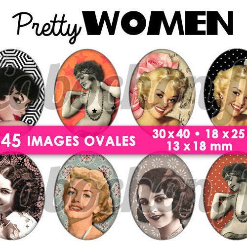 Pretty women ☆ 45 images digitales numériques ovales 30x40 18x25 et 13x18 mm femme retro pinup pin up page d'images 