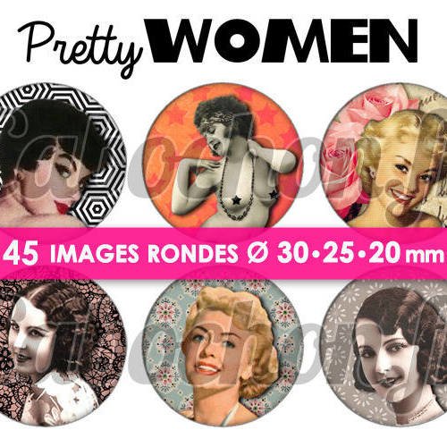 Pretty women ☆ 45 images digitales rondes 30 25 et 20 mm femme retro pinup pin up page d'images cabochons badges miroirs 