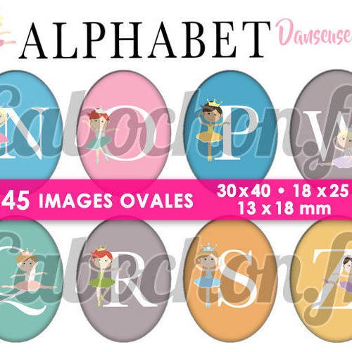 Alphabet danseuse ll ☆ 45 images digitales numériques ovales 30x40 18x25 et 13x18 mm page d'images cabochons badges 