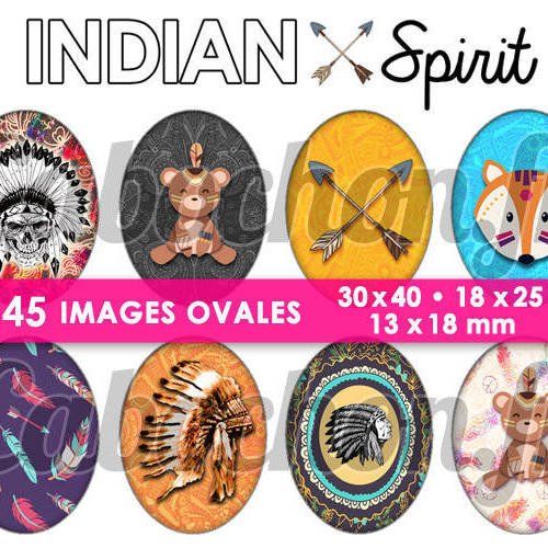 Indian spirit ☆ 45 images digitales numériques ovales 30x40 18x25 et 13x18 mmindien fleches page d'images pour cabochons 