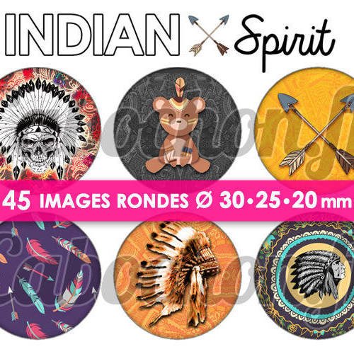 Indian spirit ☆ 45 images digitales numériques rondes 30 25 et 20 mm indien fleches page d'images pour cabochons miroirs 