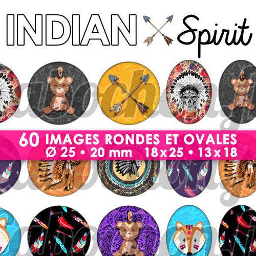 Indian spirit ☆ 60 images digitales rondes 25 et 20 mm et ovales 18x25 et 13x18 mm indien fleches page d'images pour cabochons miroirs 