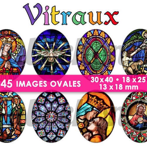 Vitraux ☆ 45 images digitales numériques ovales 30x40 18x25 et 13x18 mm page d'images pour cabochons bijoux miroirs 