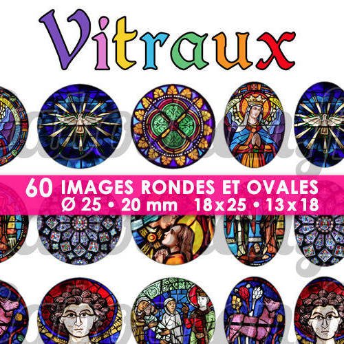 Vitraux ☆ 60 images digitales numériques rondes 25 et 20 mm et ovales 18x25 et 13x18 mm page d'images pour cabochons miroirs badges bijoux 